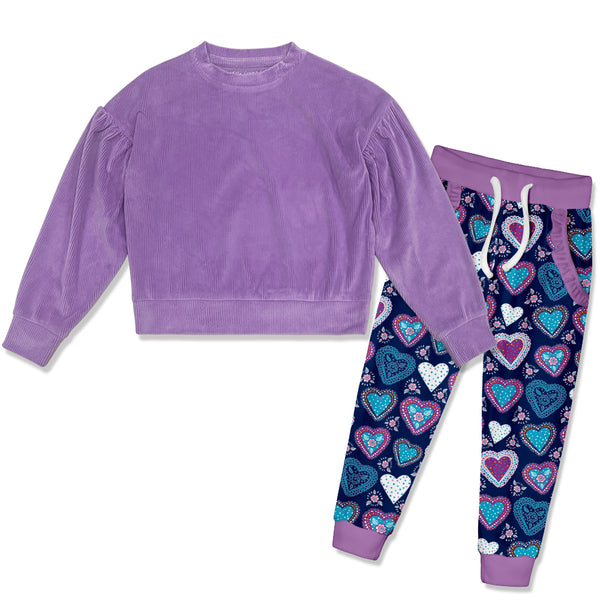 Purple Velour Sweatshirt & Velour Nave of Heart Joggers