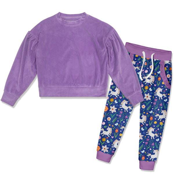 Kids Purple Velour Sweatshirt & Unicorn Joggers