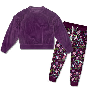Kids Plum Velour Sweatshirt & Selma Floral Joggers