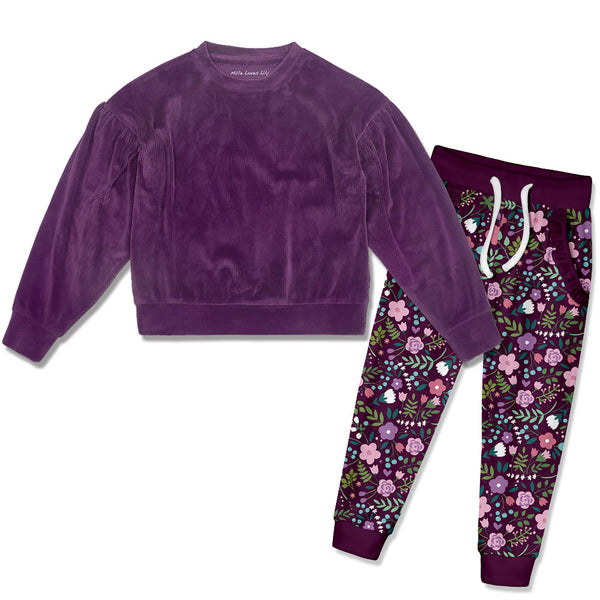 Kids Plum Velour Sweatshirt & Selma Floral Joggers