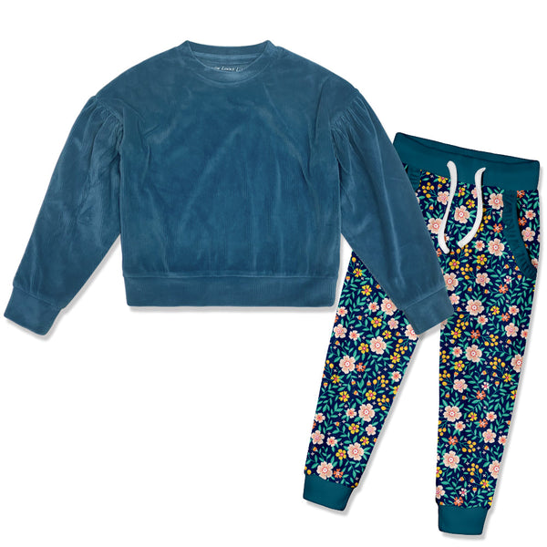 Kids Teal Velour Sweatshirt & Floral Cluster Joggers