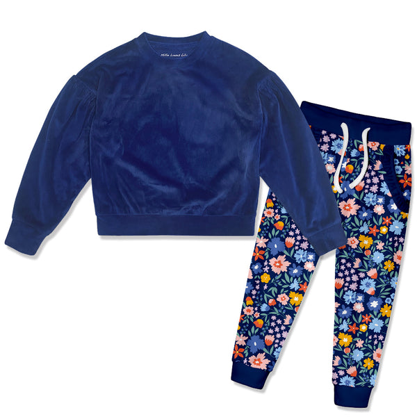 Kids Navy Velour Sweatshirt & Wonder Floral Joggers