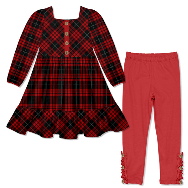 Lumberjack Plaid Square-Neck Button-Front Tiered Dress & Red Button Leggings