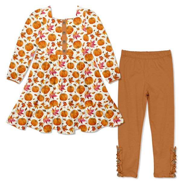 Pumpkin & Leaves Bluster Square-Neck Button-Front Dress & Rust Button Leggings