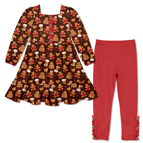 Gingerbread Square-Neck Button-Front Dress & Red Button Leggings