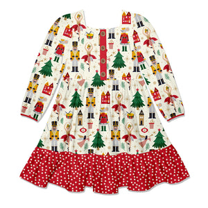Cream Nutcracker Christmas Square-Neck Button-Front Tiered Dress