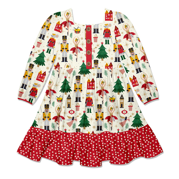 Cream Nutcracker Christmas Square-Neck Button-Front Tiered Dress