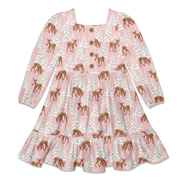 Pink Winter Deer Square-Neck Button-Front Tiered Dress