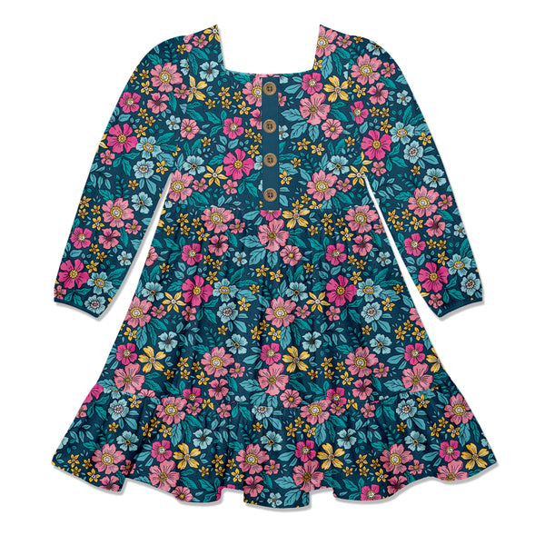 Teal Tasha Floral Square-Neck Button-Front Tiered Dress