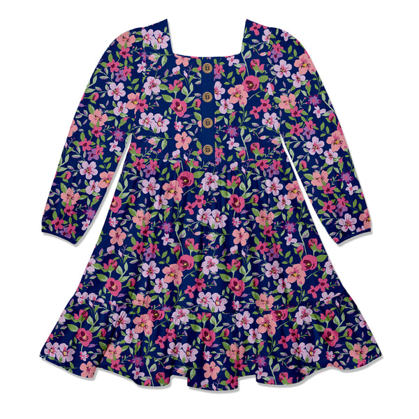 Navy Tory Floral Square-Neck Button-Front Tiered Dress