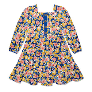 Kids Blue Floral Filigree Square-Neck Button-Front Tiered Dress