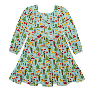Kids Mint Christmas Cheer Square-Neck Button-Front Tiered Dress