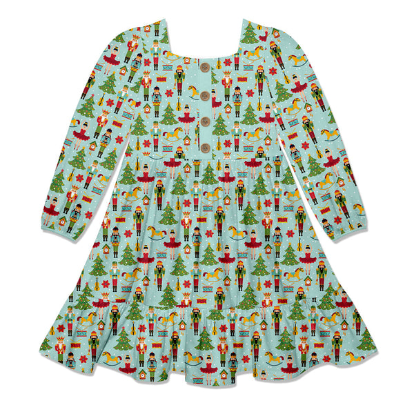 Kids Mint Christmas Cheer Square-Neck Button-Front Tiered Dress