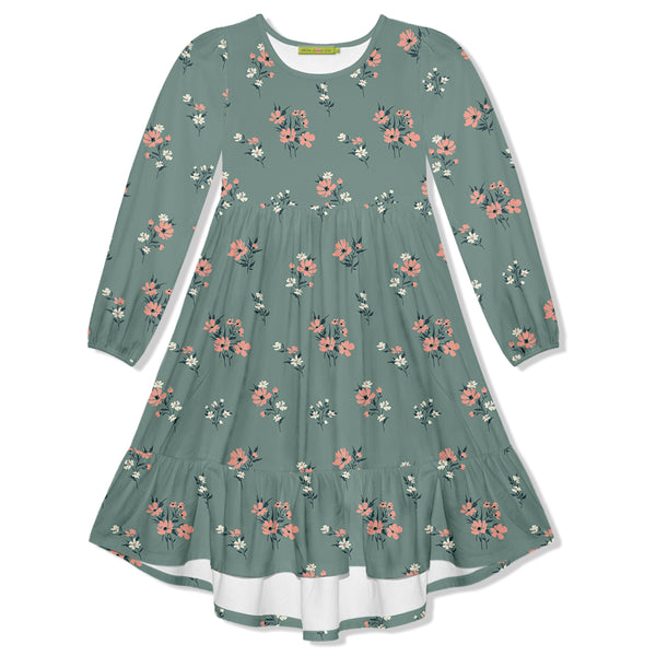 Slate Green Picadilly Florals Velour Long-Sleeve Midi Dress