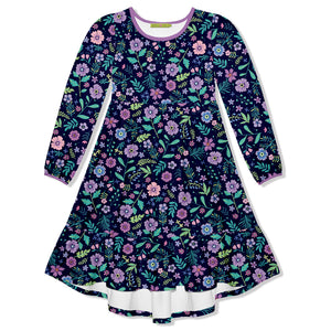 Navy Floral Fancy Velour Long-Sleeve Midi Dress
