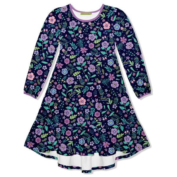 Navy Floral Fancy Velour Long-Sleeve Midi Dress