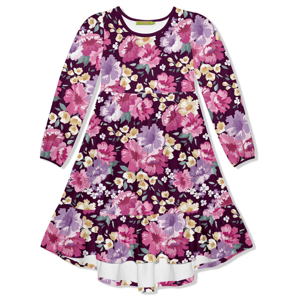 Plum Prime Floral Velour Long-Sleeve Midi Dress