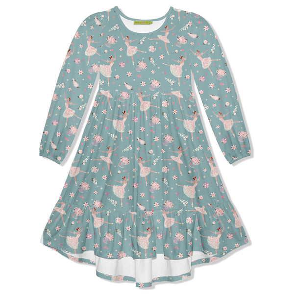 Slate Green Ballerina Dance Velour Long-Sleeve Midi Dress