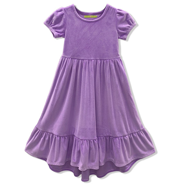 Purple Ribbed Velour Midi A-Line Dress