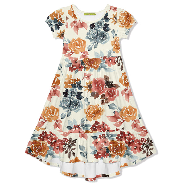 Cream & Orange Autumn Florals Midi-Length Hi-Low Dress