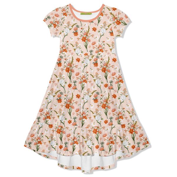Kids Light Pink Small Flower Midi-Length Hi-Low Dress