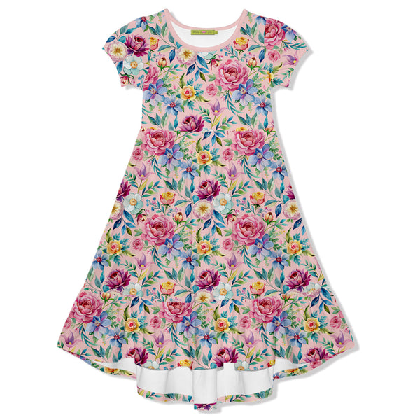 Kids Pink Rose Midi-Length Hi-Low Dress