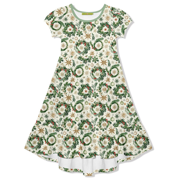 Kids Cream Christmas Wreaths Midi-Length Hi-Low Dress