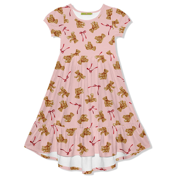 Kids Pink Teddy Bear & Bows Midi-Length Hi-Low Dress