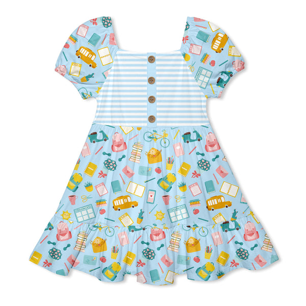 Kids Light Blue School Supplies Ruffle-Hem A-Line Dress