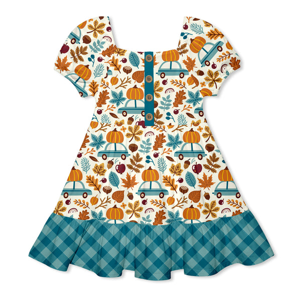 Cream Pumpkin Cars Ruffle-Hem A-Line Dress