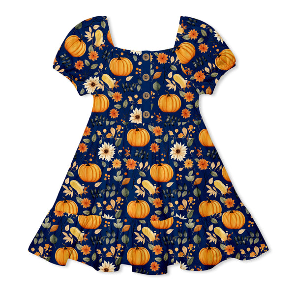 Navy Pumpkin Forest Ruffle-Hem A-Line Dress