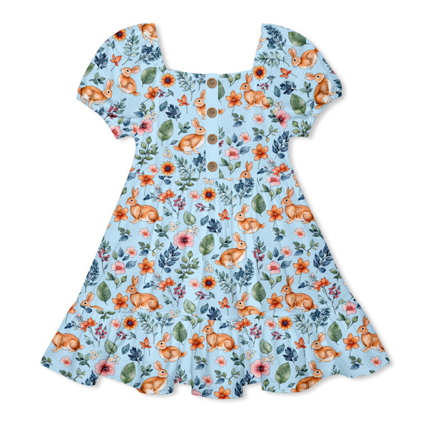 Ice Blue Bunnies Flowers Ruffle-Hem Dress