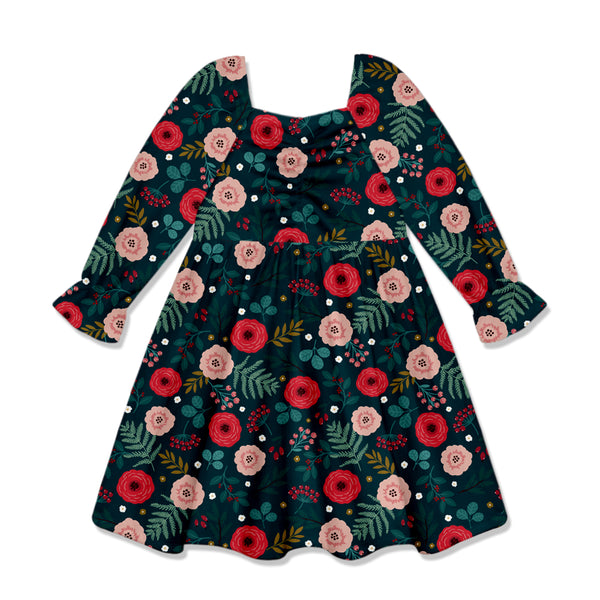 Dark Navy Noelle Floral Velour Poet-Sleeve Dress