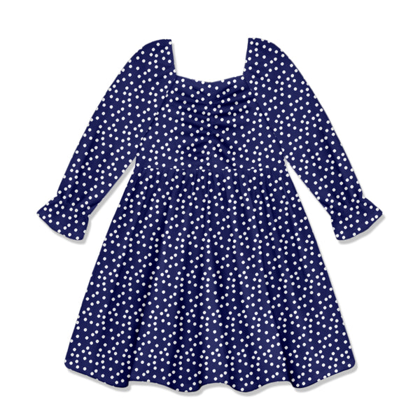 Navy Dot Velour Poet-Sleeve Dress