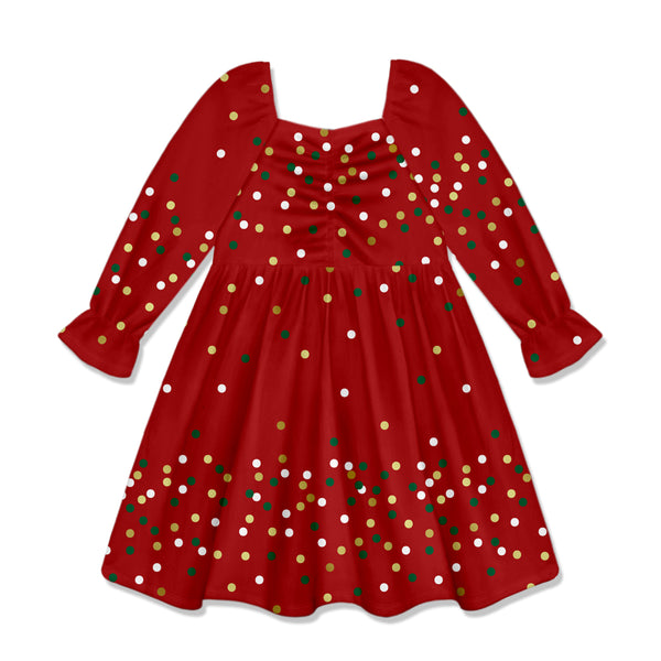 Red Dot Velour Poet-Sleeve Dress