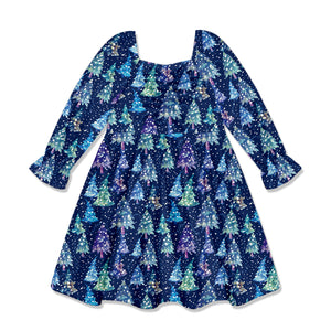 Navy Christmas Tree Velour Poet-Sleeve Dress