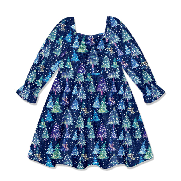 Navy Christmas Tree Velour Poet-Sleeve Dress
