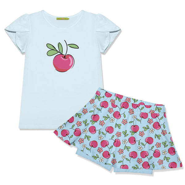 Ice Blue Tulip-Sleeve Top & Cherries Skort