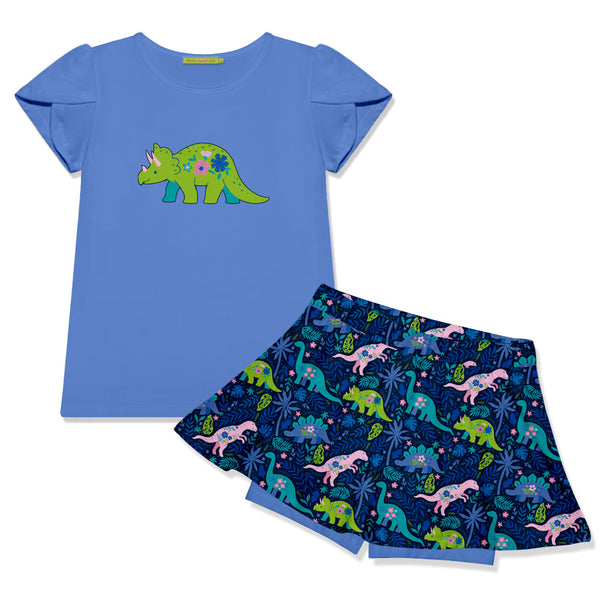 Marina Blue Tulip-Sleeve Top & Dinosaur Skort