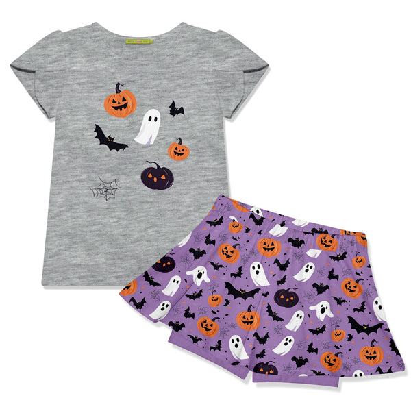Kids Gray Heather Tulip-Sleeve Top & Halloween Spirit Skort
