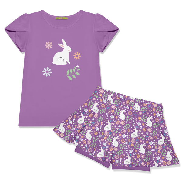 Kids Purple Tulip-Sleeve Top & Spring Bunny Skort