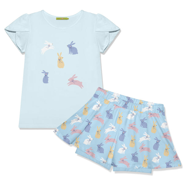 Kids Ice Blue Tulip-Sleeve Top & Bunnies Skort