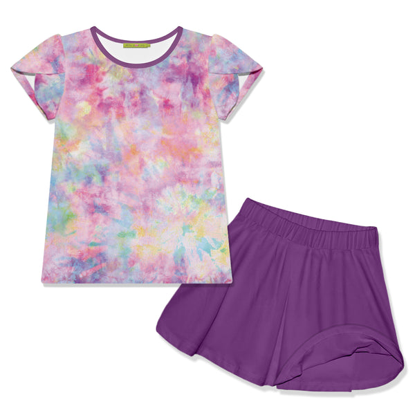 Lilac Candy Tie-Dye Tulip-Sleeve Top & Dark Purple Skort