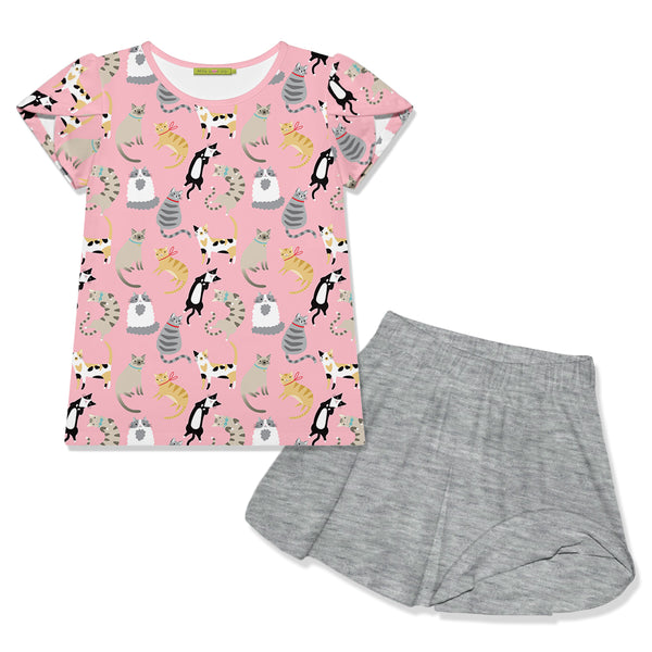 Pink Kitty Lounge Tulip-Sleeve Top & Gray Heather Skort