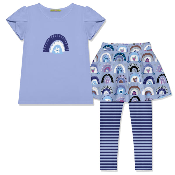 Periwinkle Tulip-Sleeve Top & Rainbow Hearts Skirted Leggings