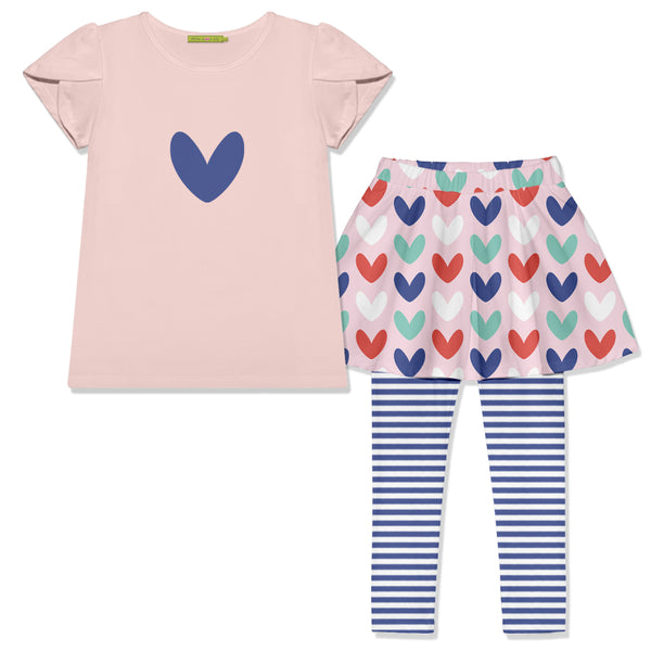 Pink Heart Tulip-Sleeve Top & Heart Skirted Leggings