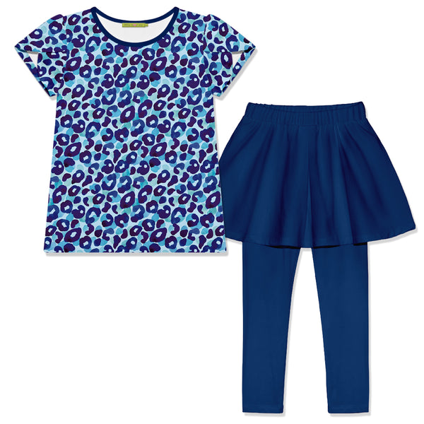 Blue Watercolor Leopard Tulip-Sleeve Top & Navy Skirted Leggings