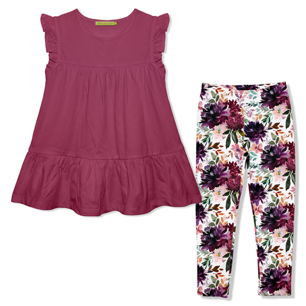 Slate Rose Ruffle-Sleeve Tiered Top & Floral Glory Leggings