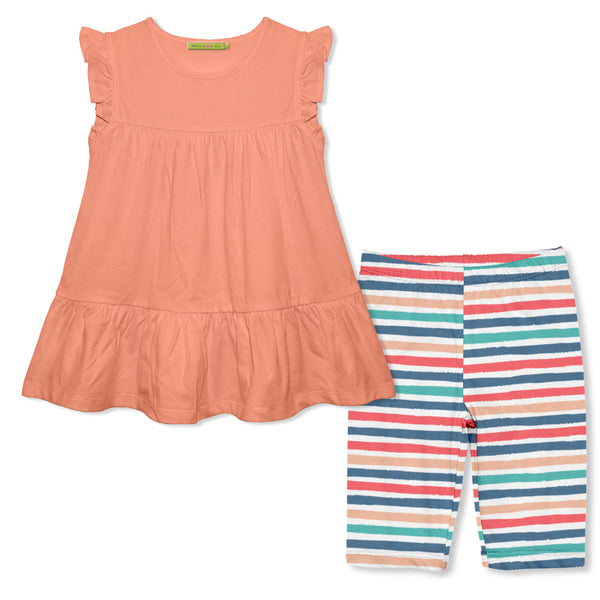 Kids Coral Ruffle-Sleeve Tiered Top & Moon Stripe Bike Shorts