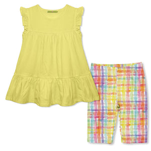 Kids Yellow Ruffle-Sleeve Tiered Top & Painted Plaid Bike Shorts